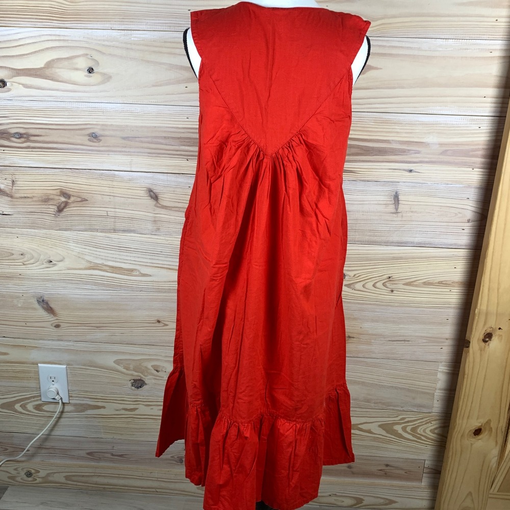 La Cera Midi Dress Women M Red Floral Embroidered Cotton Sleeveless Pocket - Picture 6 of 10